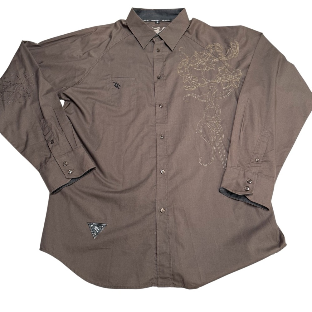 Da Hui Shirt Mens XL Brown Long Sleeve Embroidered Surfer Hawaiian